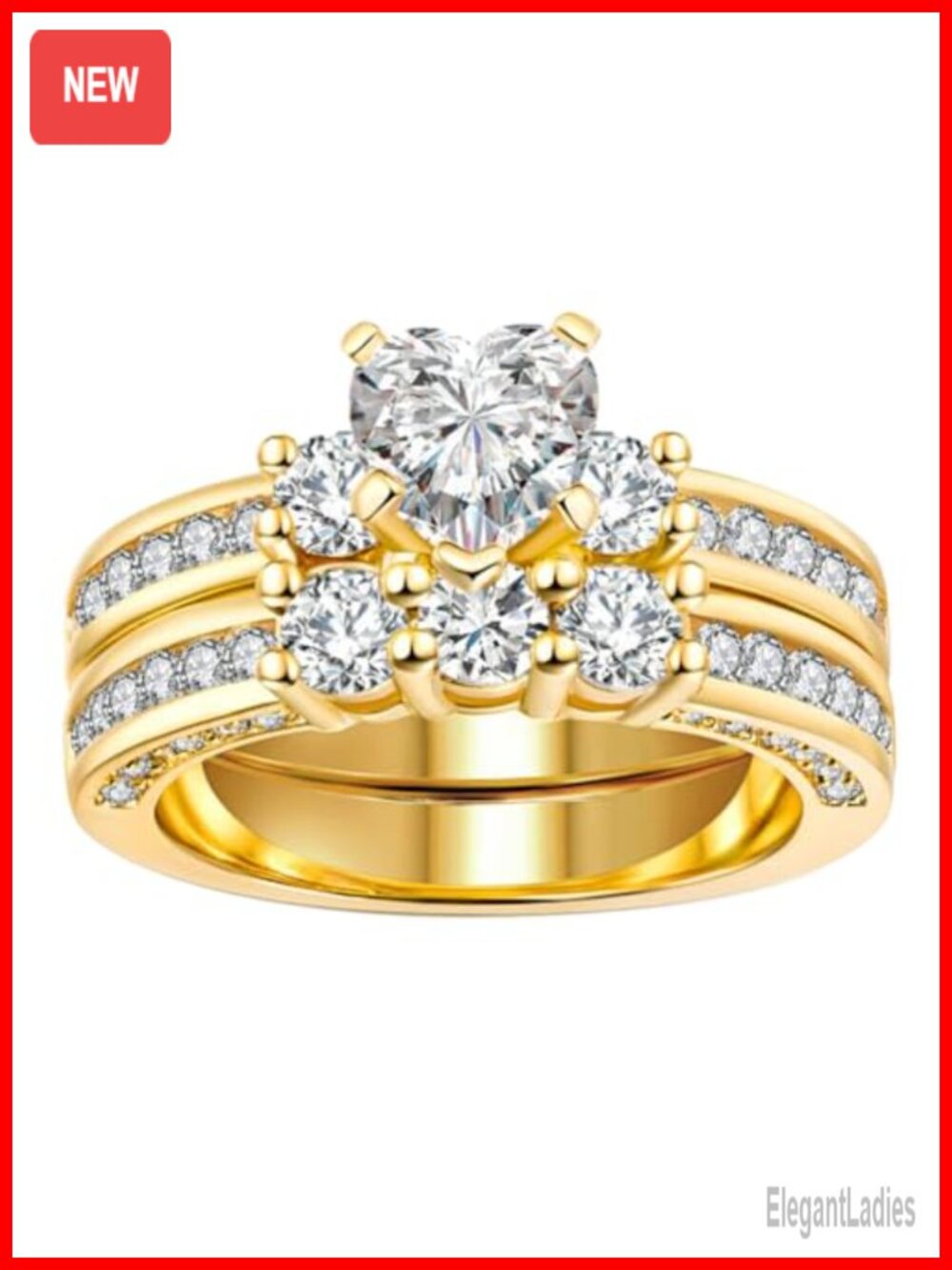2pcs Yellow Gold Plated Bridal Set Heart CZ Engagement Ring with 10K Stamp